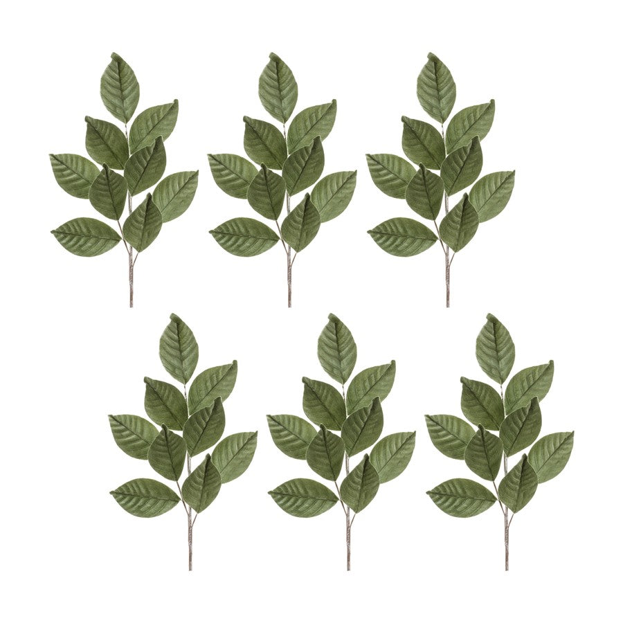 Melrose Flocked Magnolia Leaf Spray, Set of 6, Green/Brown - 83211DS