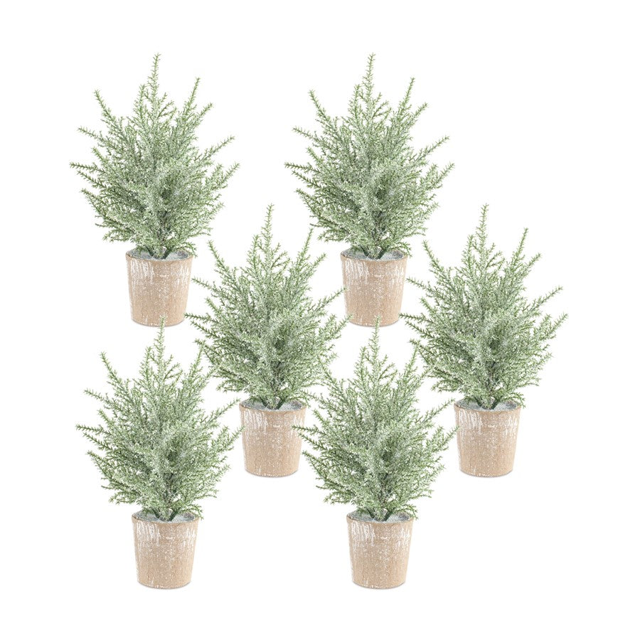 Melrose Frosted Holiday Pine Tree, Paper Pot, Set of 6, Green/Brown - 83221DS