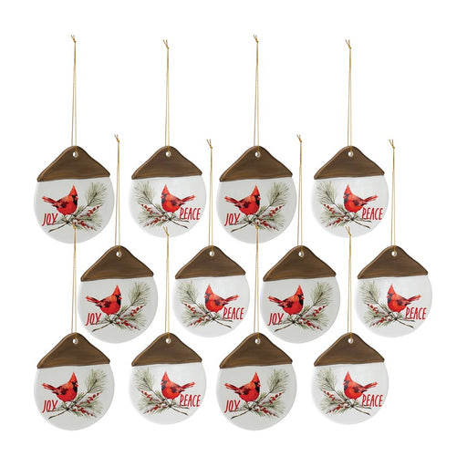 Melrose Cardinal Peace Joy Tag Ornament, Set of 12, White/Brown/Red - 83257DS