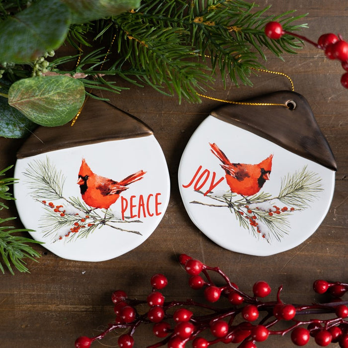 Melrose Cardinal Peace Joy Tag Ornament, Set of 12, White/Brown/Red