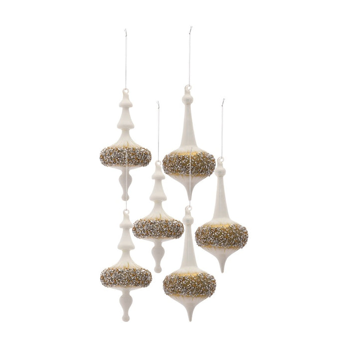 Melrose Modern Glass Finial Ornament/Gold Bead Accent, Set of 6, White - 83270DS