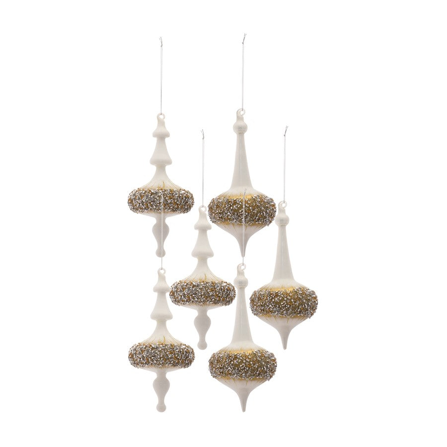 Melrose Modern Glass Finial Ornament/Gold Bead Accent, Set of 6, White - 83270DS