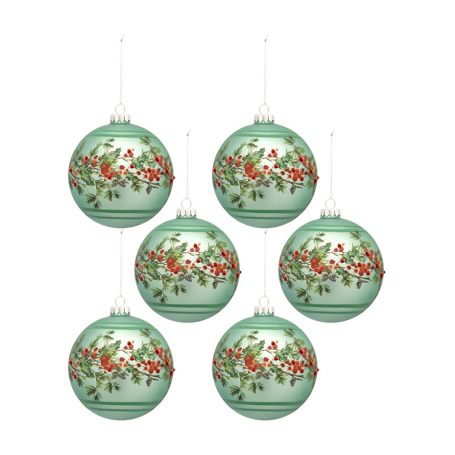 Melrose Green Pine Branch Ball Ornament/Bead Berry Accent, Set of 6 - 83307DS