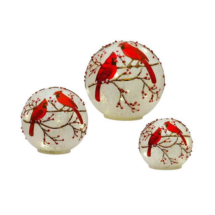 Melrose LED Frosted Cardinal Orb/Berry Branch Design, Set of 3, White - 83374DS
