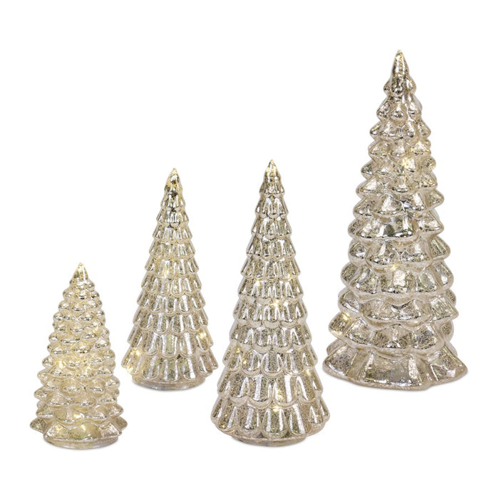 Melrose LED Lighted Mercury Glass Holiday Tree Decor, Set of 4, Silver - 83376DS