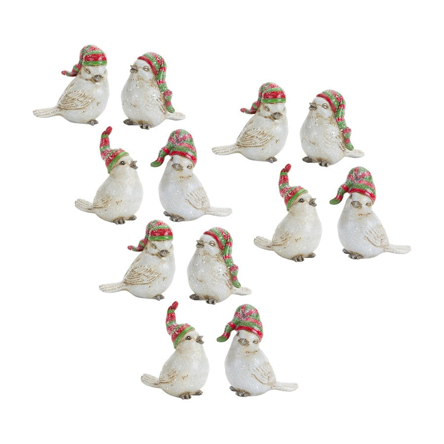 Melrose Winter Bird Figurine/Stocking Hat, Set of 12, White/Green/Red - 83392DS