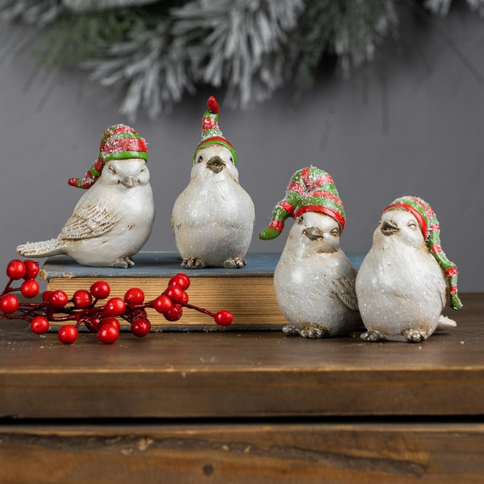 Melrose Winter Bird Figurine/Stocking Hat, Set of 12, White/Green/Red