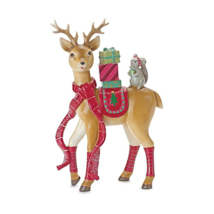 Melrose Whimsical Winter Deer/Squirrel Figurine 10"H, Brown/Red - 83398DS