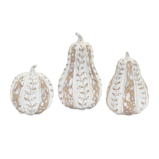 Melrose White Washed Wood Design Pumpk,/Leaf Pattern, Set of 3 - 83415DS