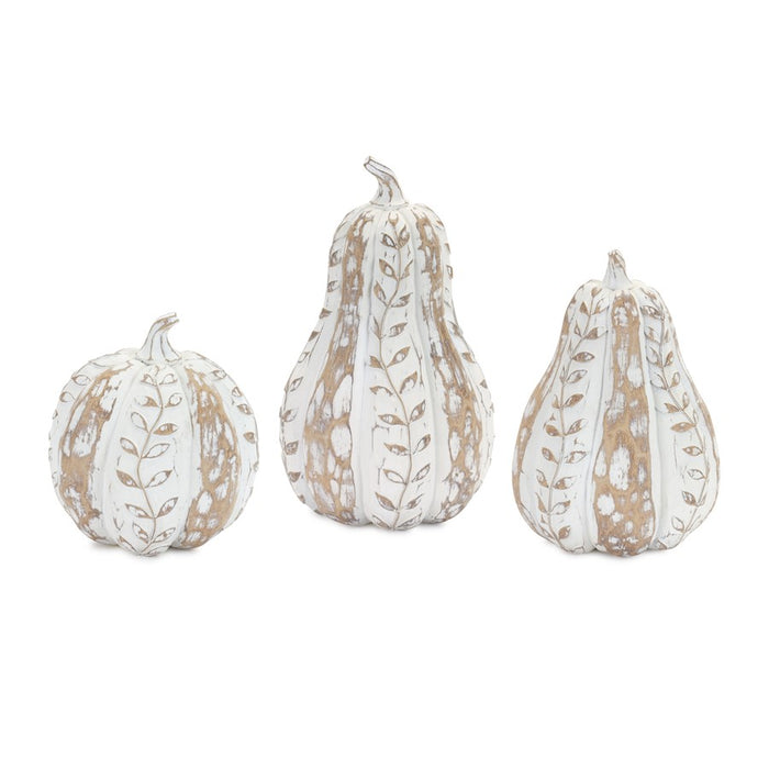 Melrose White Washed Wood Design Pumpk,/Leaf Pattern, Set of 3 - 83415DS