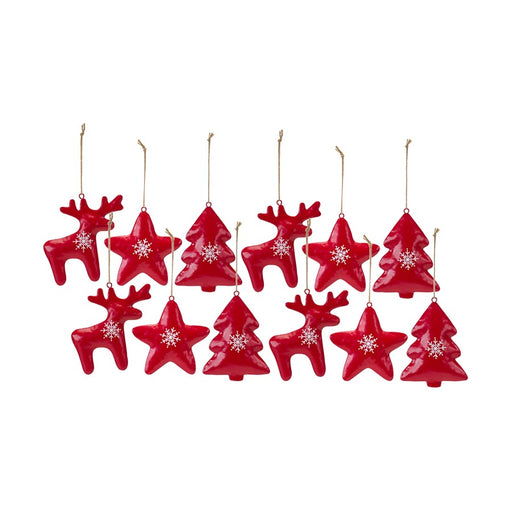 Melrose Modern Shape Ornament/Snowflake Print, Set of 12, Red/White - 83449DS