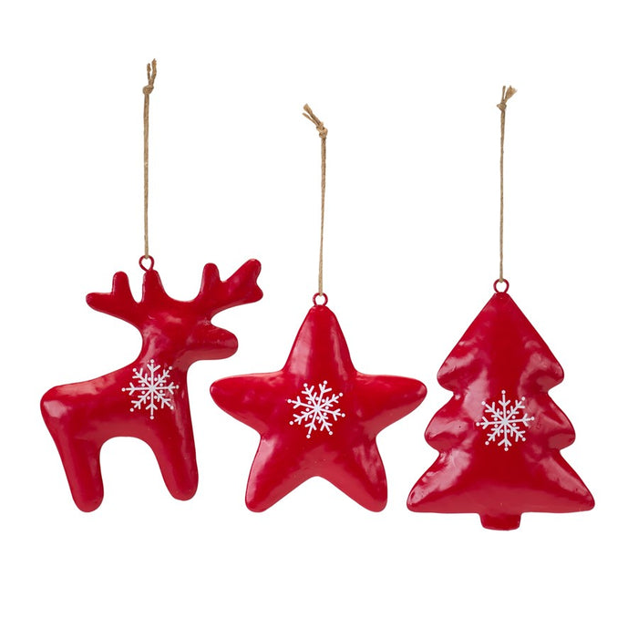 Melrose Modern Shape Ornament/Snowflake Print, Set of 12, Red/White