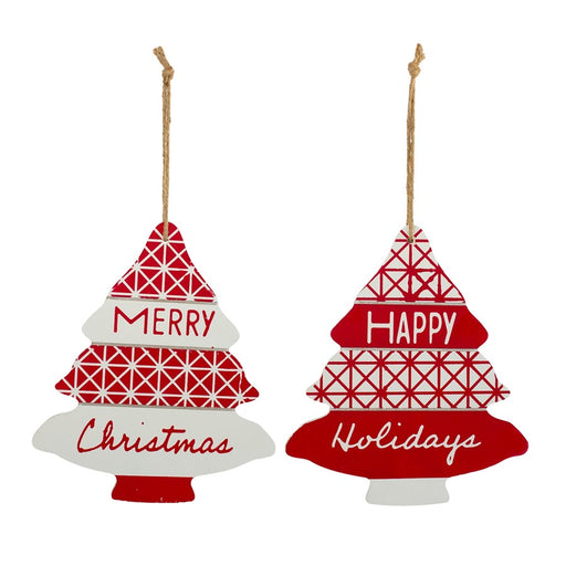 Melrose Wood Sentiment Tree Ornament, Set of 12, Red/White - 83461DS
