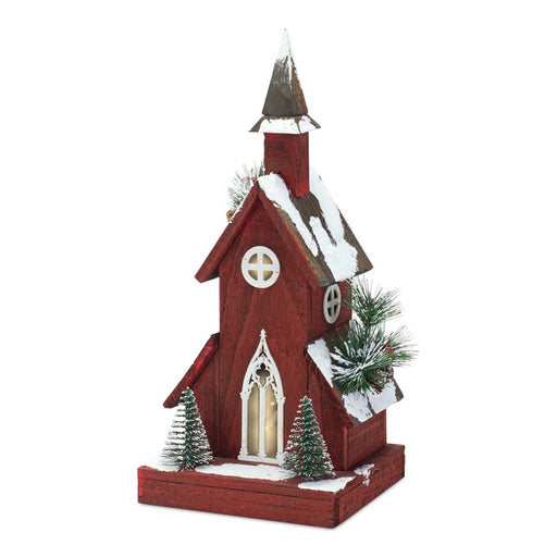 Melrose Lighted Winter Church Display/Pine /Snowy 19", Red/White - 83462DS