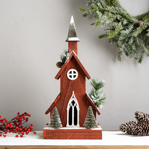 Melrose Lighted Winter Church Display/Pine /Snowy 19", Red/White