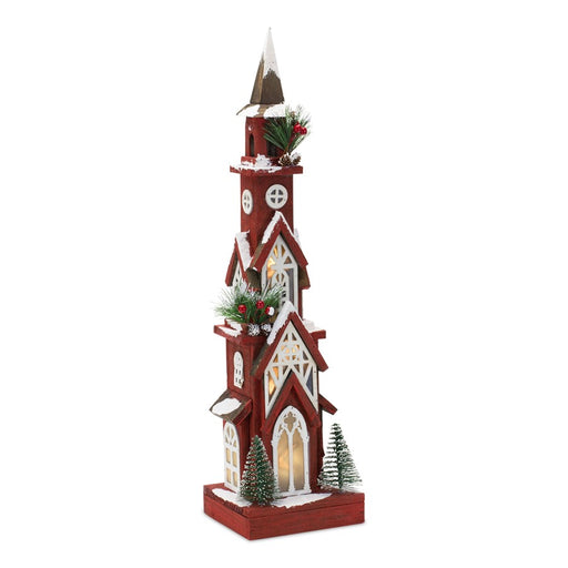Melrose Lighted Winter Church Display/Pine /Snowy 19", Red/Green - 83463DS