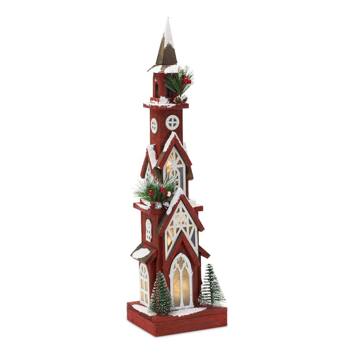 Melrose Lighted Winter Church Display/Pine /Snowy 19", Red/Green - 83463DS