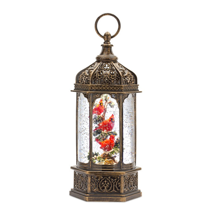 Melrose LED Snow Globe Lantern/Cardinal Bird Branch 13"H, Bronze/Red/G - 83465DS