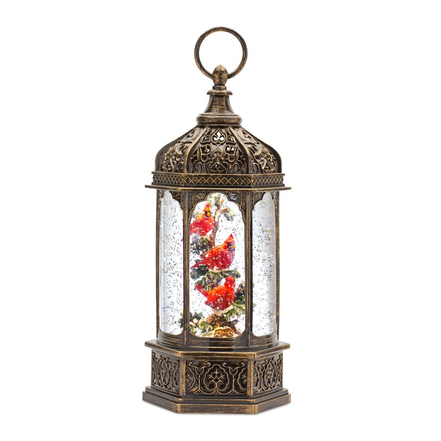 Melrose LED Snow Globe Lantern/Cardinal Bird Branch 13"H, Bronze/Red/G - 83465DS