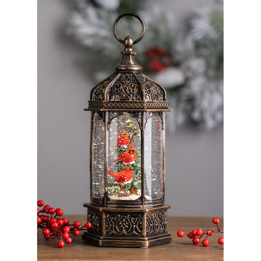 Melrose LED Snow Globe Lantern/Cardinal Bird Branch 13"H, Bronze/Red/G