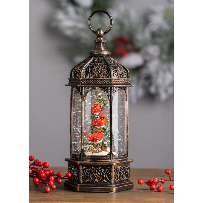 Melrose LED Snow Globe Lantern/Cardinal Bird Branch 13"H, Bronze/Red/G