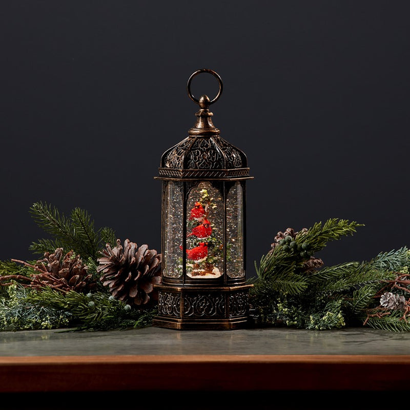Melrose LED Snow Globe Lantern/Cardinal Bird Branch 13"H, Bronze/Red/G