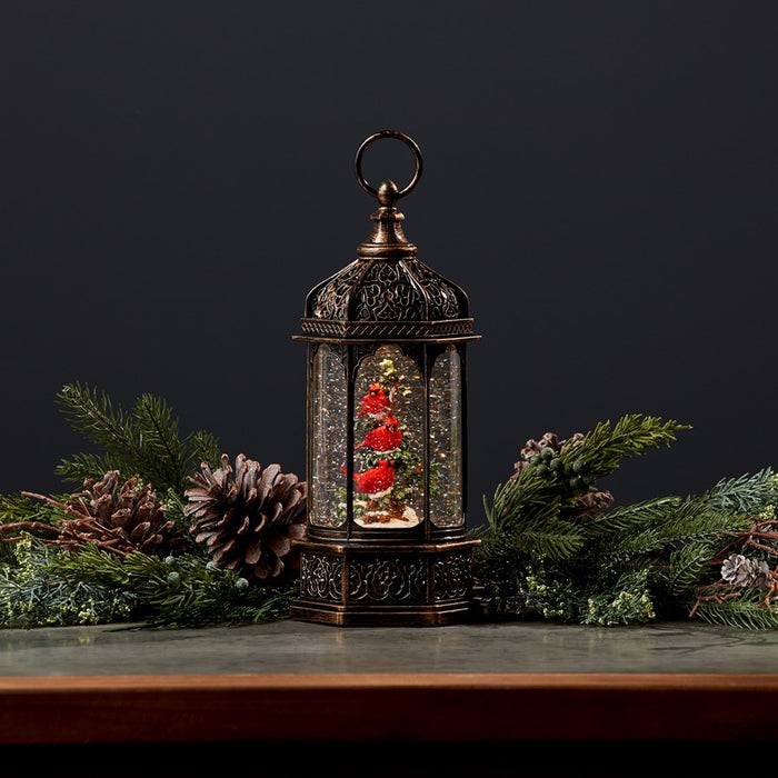 Melrose LED Snow Globe Lantern/Cardinal Bird Branch 13"H, Bronze/Red/G