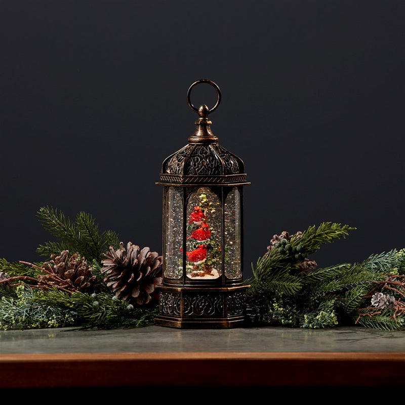 Melrose LED Snow Globe Lantern/Cardinal Bird Branch 13"H, Bronze/Red/G