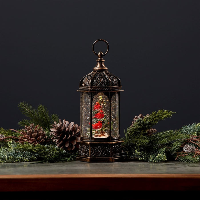 Melrose LED Snow Globe Lantern/Cardinal Bird Branch 13"H, Bronze/Red/G