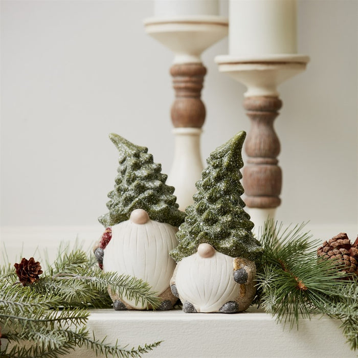 Melrose Terra Cotta Gnome Figurine/Pine Tree Hat, Set/2, Green/Beige