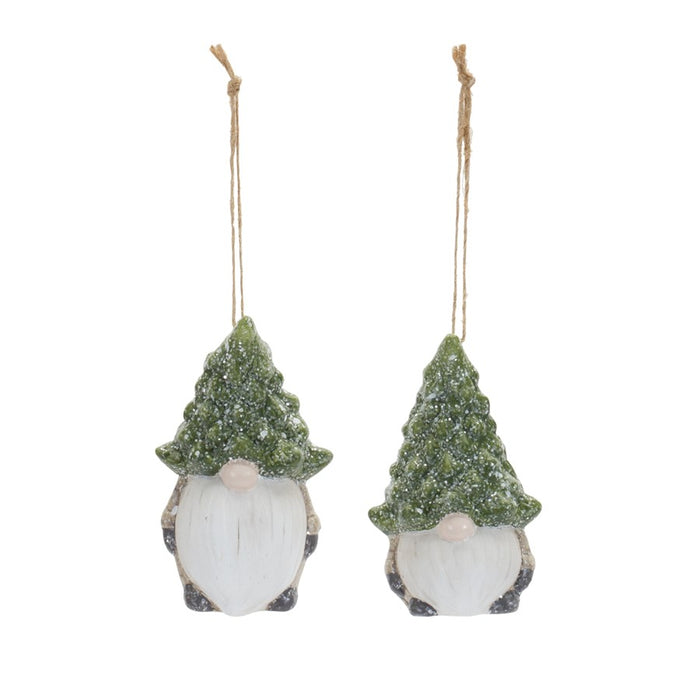 Melrose Terra Cotta Gnome/Pine Tree Hat Ornament, Set/2, White/Green