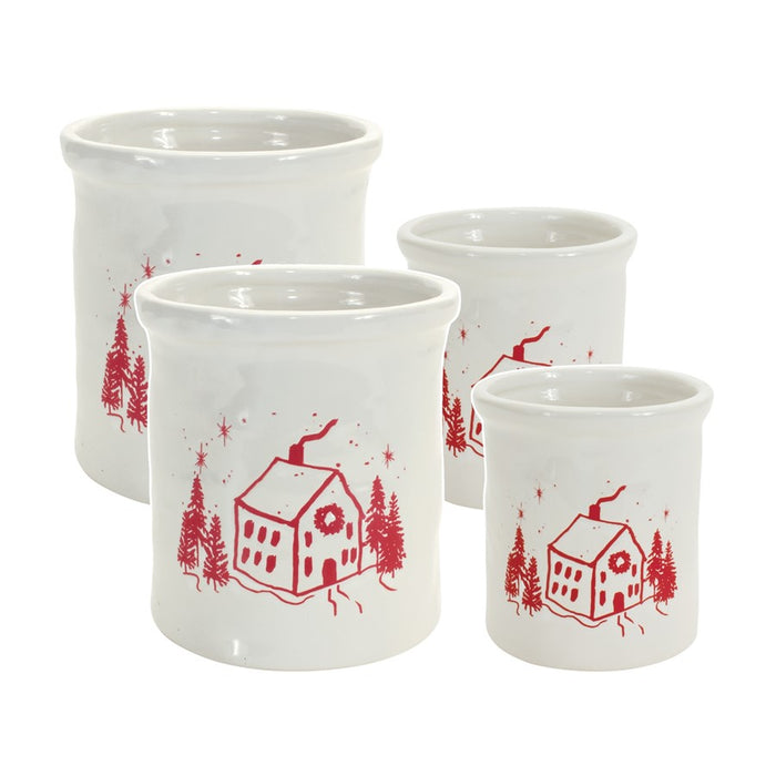 Melrose Ceramic Crock/Snowy House Scene, Set of 4, White/Red - 83494DS