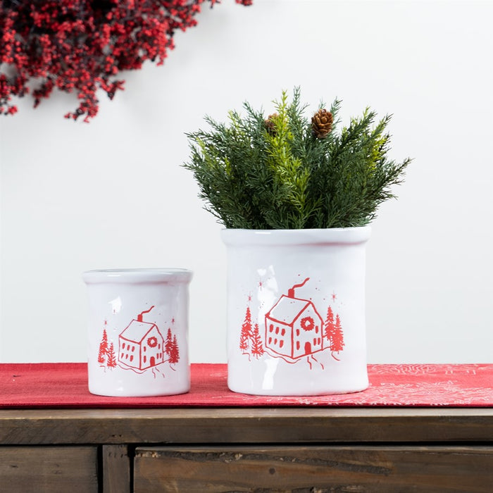 Melrose Ceramic Crock/Snowy House Scene, Set of 4, White/Red