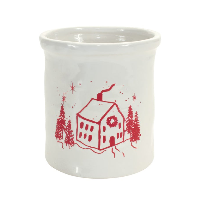 Melrose Ceramic Crock/Snowy House Scene, Set of 4, White/Red