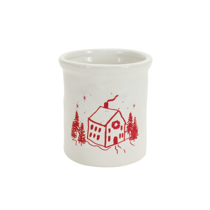 Melrose Ceramic Crock/Snowy House Scene, Set of 4, White/Red