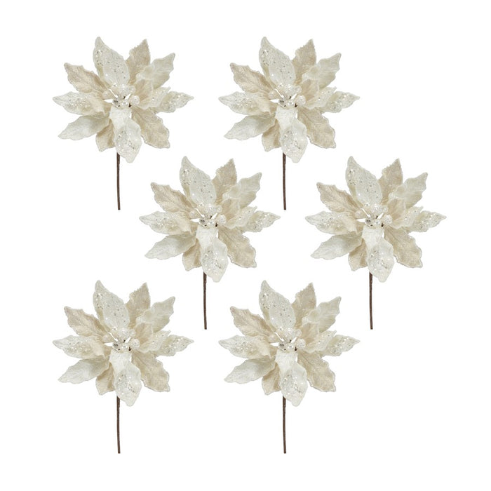 Melrose Ivory Velvet Poinsetta Stem/Gold Bead Accents, Set of 6, White - 83518DS