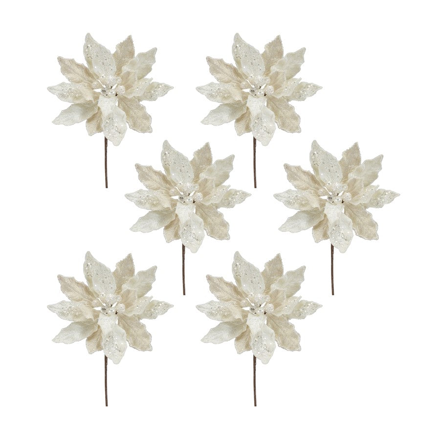 Melrose Ivory Velvet Poinsetta Stem/Gold Bead Accents, Set of 6, White - 83518DS
