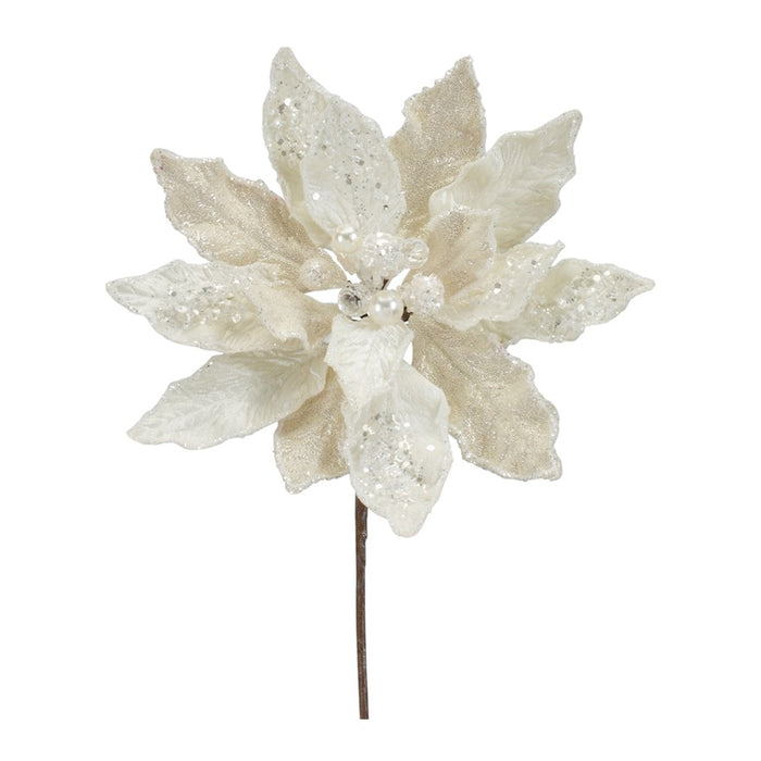 Melrose Ivory Velvet Poinsetta Stem/Gold Bead Accents, Set of 6, White