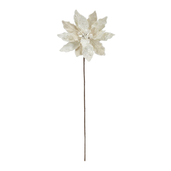 Melrose Ivory Velvet Poinsetta Stem/Gold Bead Accents, Set of 6, White