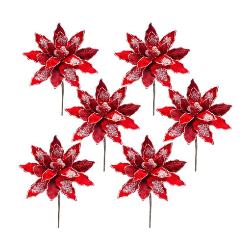Melrose Red Velvet Poinsetta Stem/Gold Bead Accents, Set of 6, Red - 83520DS