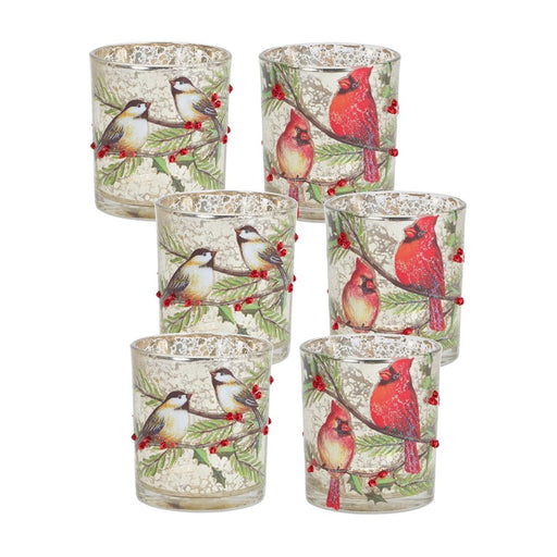 Melrose Mercury Glass Votive Candle Holder/Bird/Berry Branch, Set of 6 - 83527DS