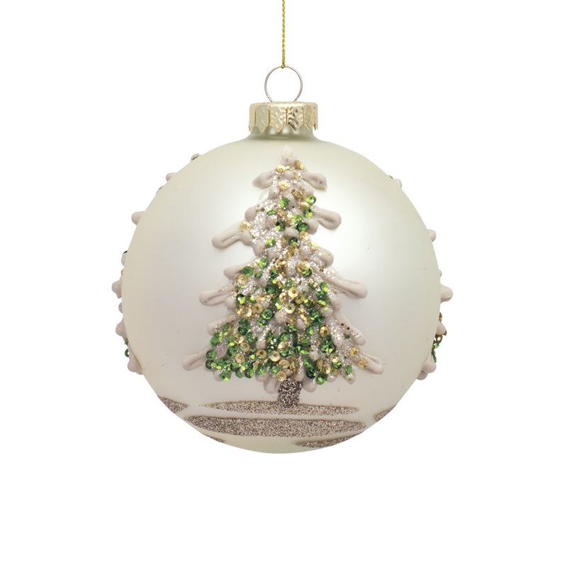 Melrose Painted Snowy Pine Tree Ball Ornament, Set of 6, Green/Gold/Si