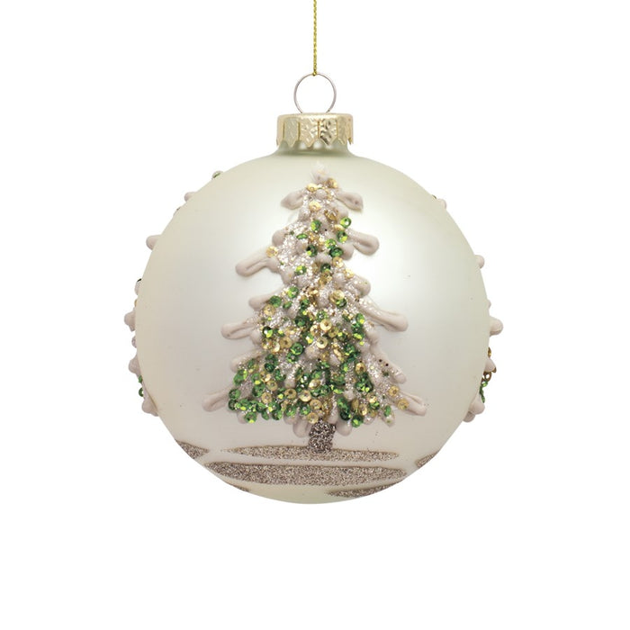 Melrose Painted Snowy Pine Tree Ball Ornament, Set of 6, Green/Gold/Si