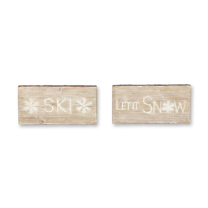 Melrose Wood Ski/Snow Sentiment Block/White Washed Design, Set of 2, B - 83538DS