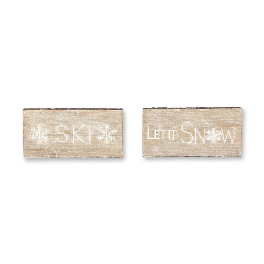 Melrose Wood Ski/Snow Sentiment Block/White Washed Design, Set of 2, B - 83538DS