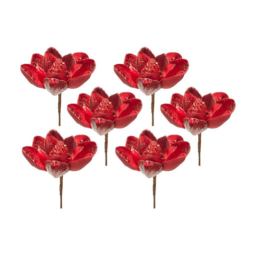Melrose Red Velvet Magnolia Stem/Bead Accents, Set of 6, Red - 83670DS