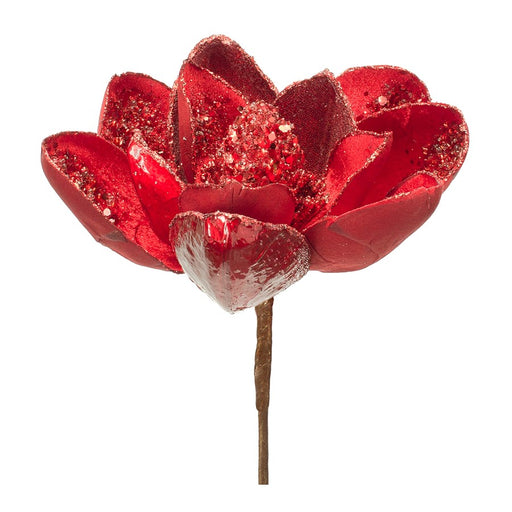 Melrose Red Velvet Magnolia Stem/Bead Accents, Set of 6, Red