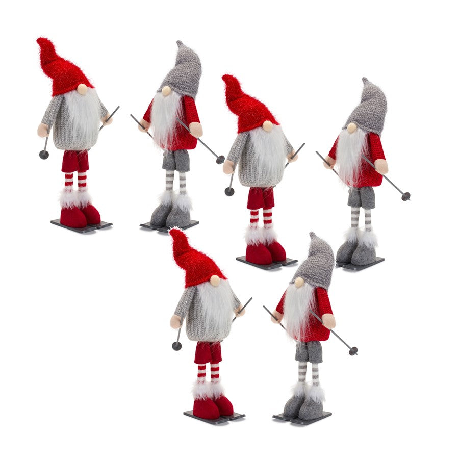 Melrose Plush Standing Gnome Skier, Set of 6, Grey/Red/White - 83750DS