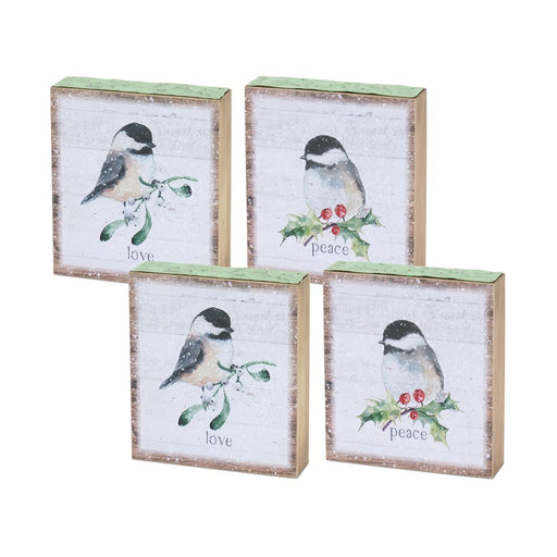 Melrose Winter Chickadee Bird Block Sentiment Sign, Set/4, White/Red - 83969DS