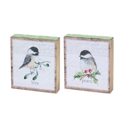 Melrose Winter Chickadee Bird Block Sentiment Sign, Set/4, White/Red